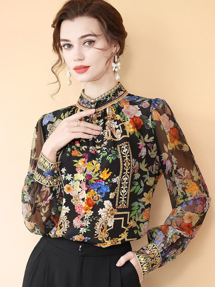 Women's Baroque Floral Stand Collar Long Sleeve Black Silk Blouse