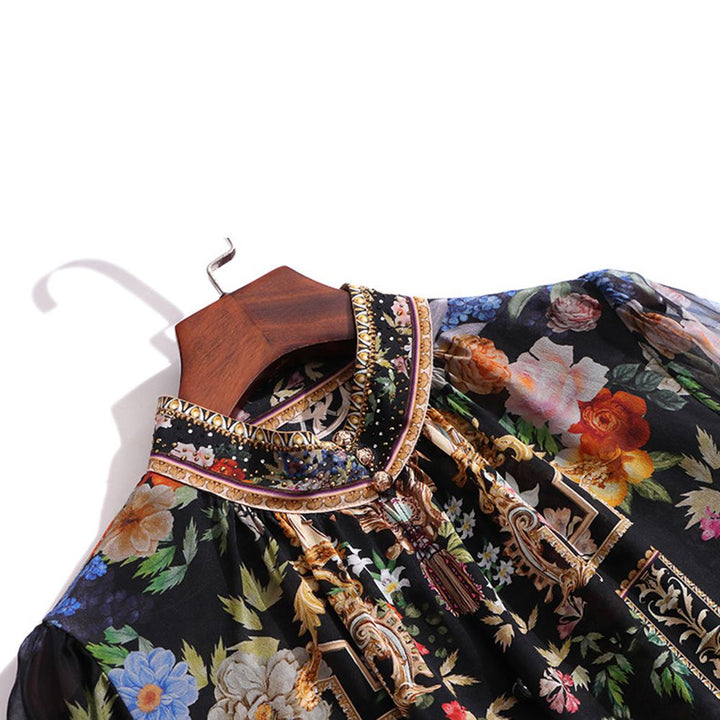 Women's Baroque Floral Stand Collar Long Sleeve Black Silk Blouse