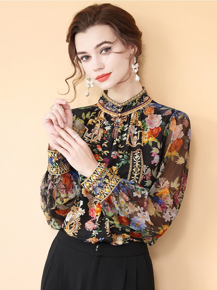Women's Baroque Floral Stand Collar Long Sleeve Black Silk Blouse