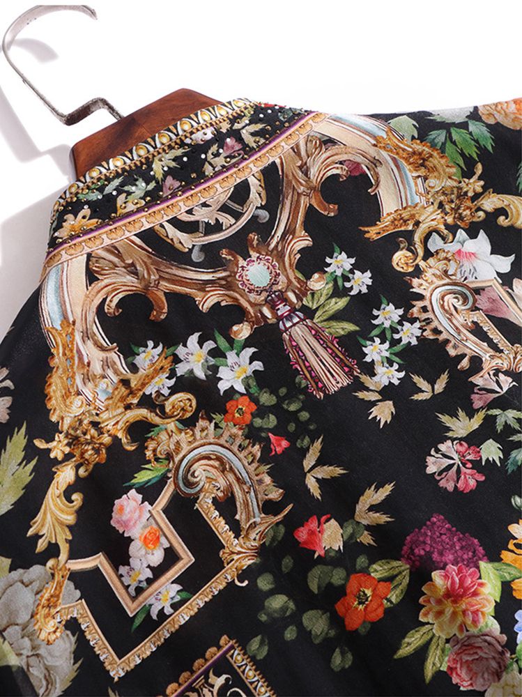 Women's Baroque Floral Stand Collar Long Sleeve Black Silk Blouse