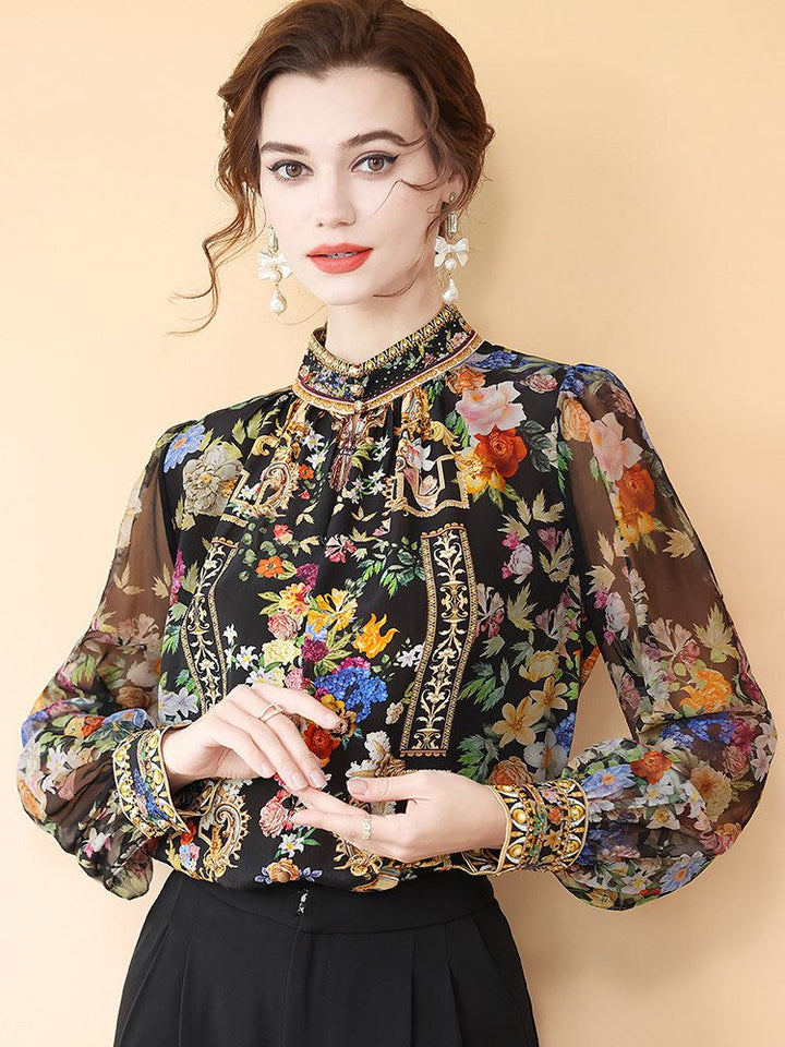 Women's Baroque Floral Stand Collar Long Sleeve Black Silk Blouse