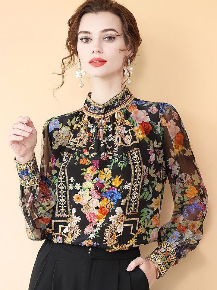 Women's Baroque Floral Stand Collar Long Sleeve Black Silk Blouse