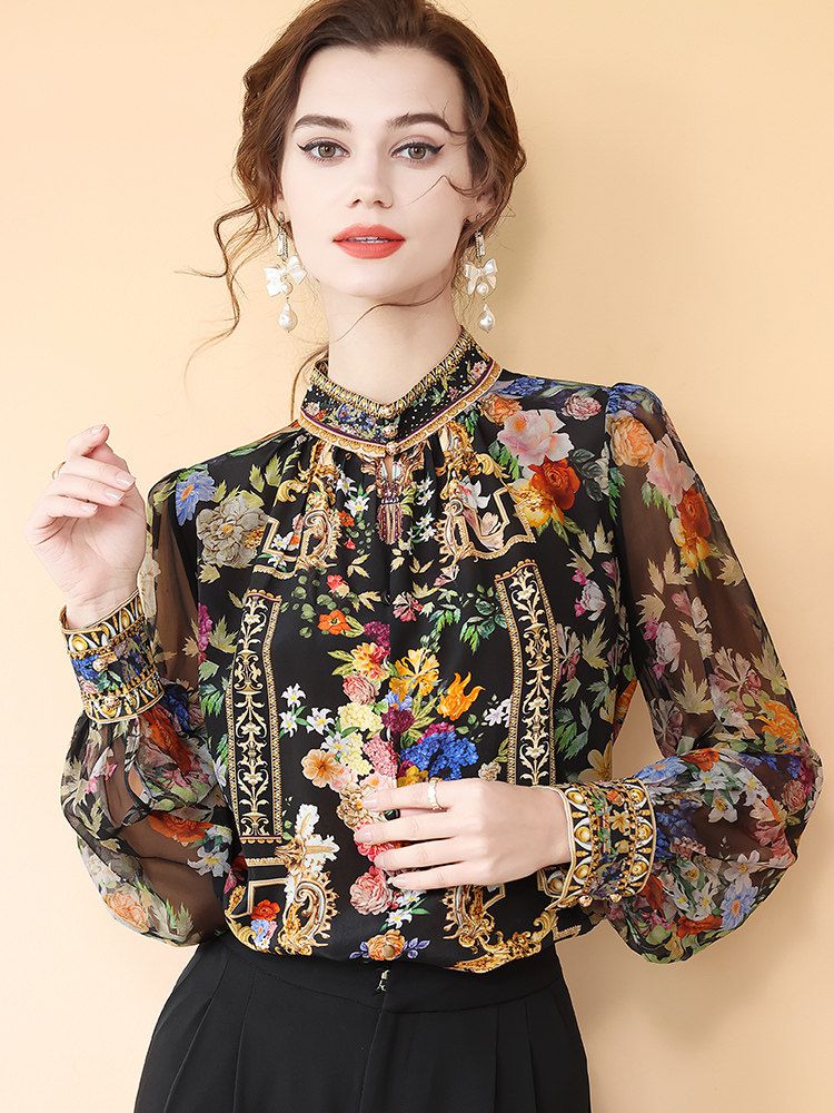 Women's Baroque Floral Stand Collar Long Sleeve Black Silk Blouse