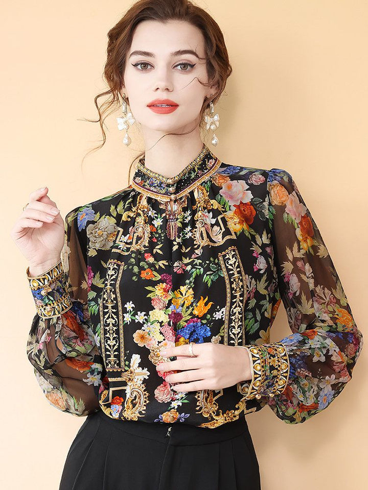Women's Baroque Floral Stand Collar Long Sleeve Black Silk Blouse