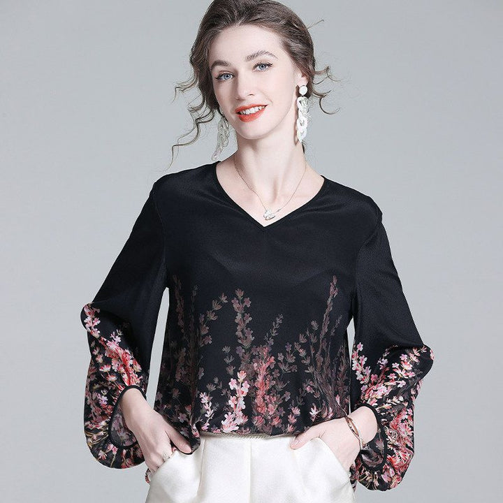 Romantic Floral Placement Print V-Neck Black Silk Blouse with Bell Sleeves