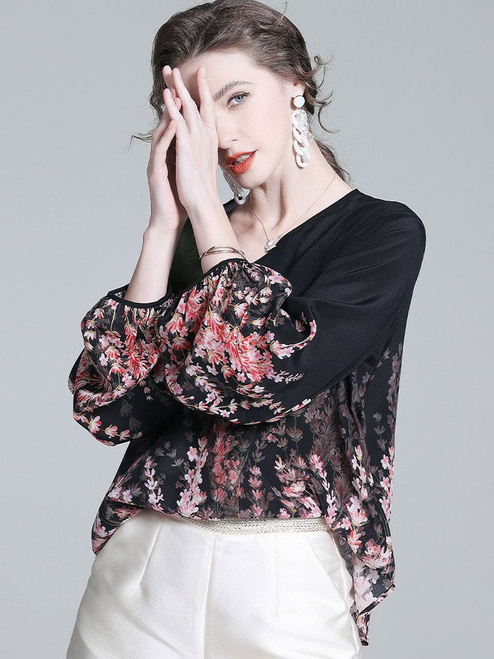 Romantic Floral Placement Print V-Neck Black Silk Blouse with Bell Sleeves