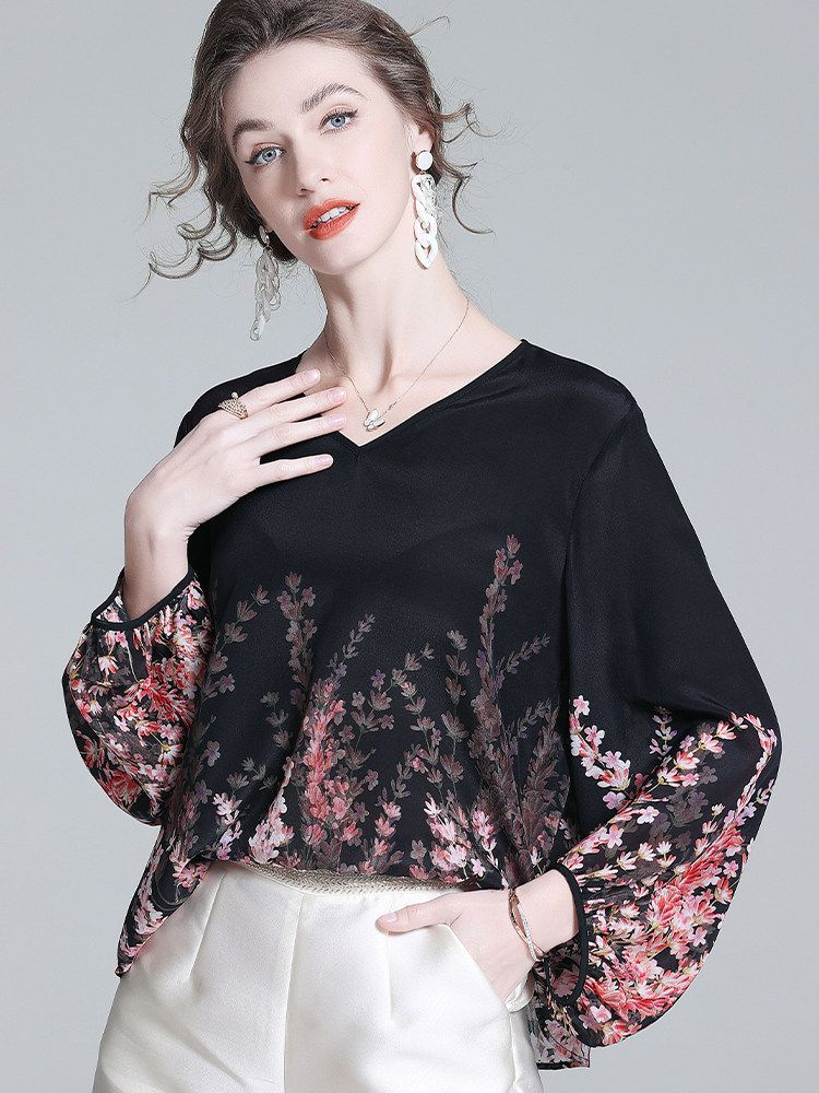Romantic Floral Placement Print V-Neck Black Silk Blouse with Bell Sleeves