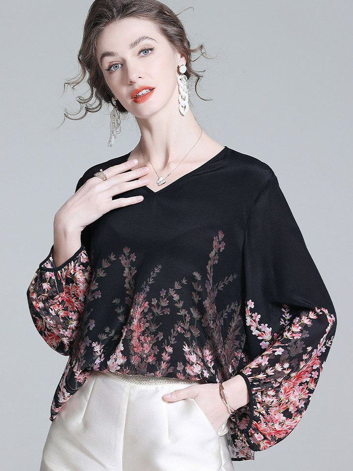 Romantic Floral Placement Print V-Neck Black Silk Blouse with Bell Sleeves