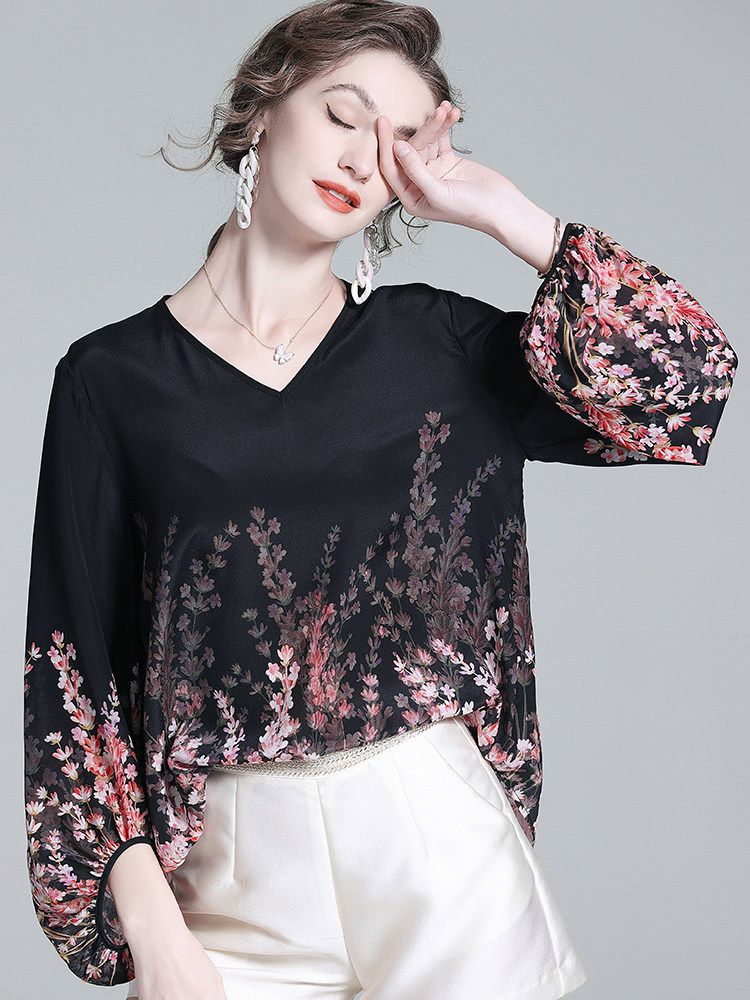 Romantic Floral Placement Print V-Neck Black Silk Blouse with Bell Sleeves