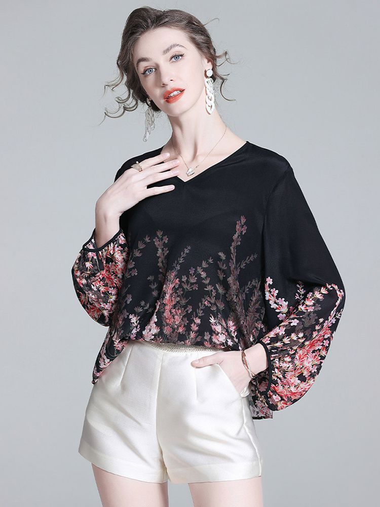Romantic Floral Placement Print V-Neck Black Silk Blouse with Bell Sleeves