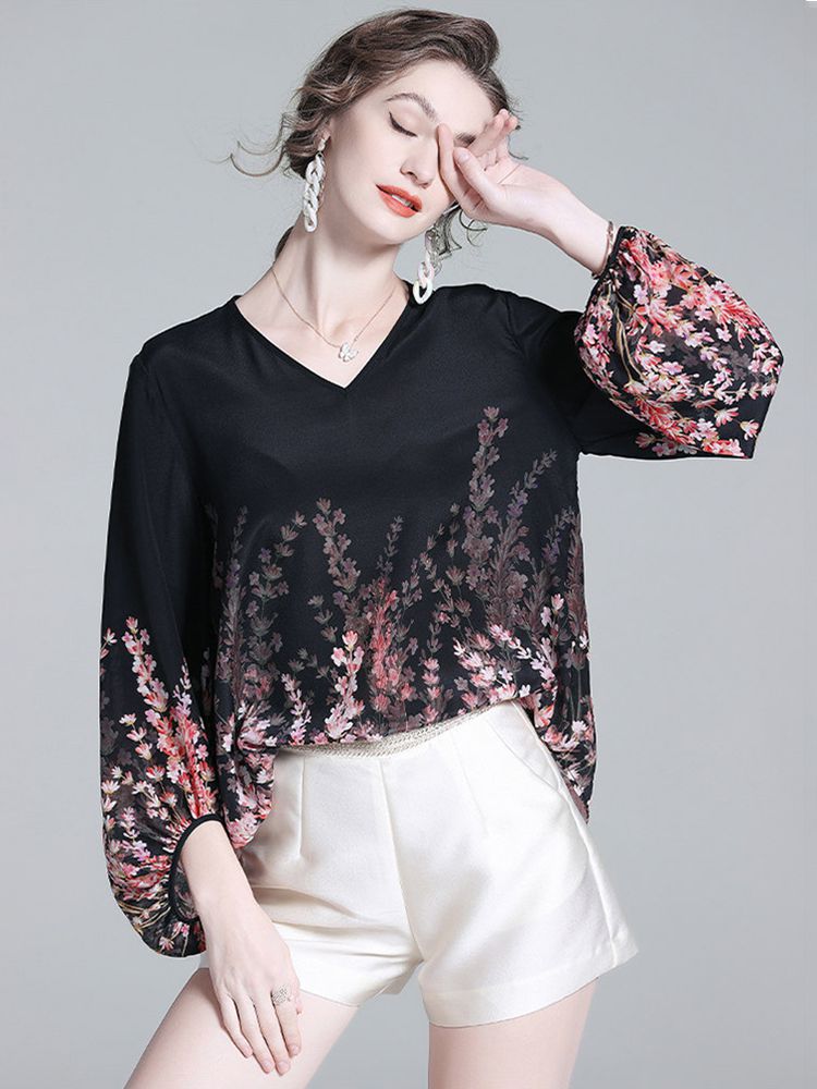 Romantic Floral Placement Print V-Neck Black Silk Blouse with Bell Sleeves