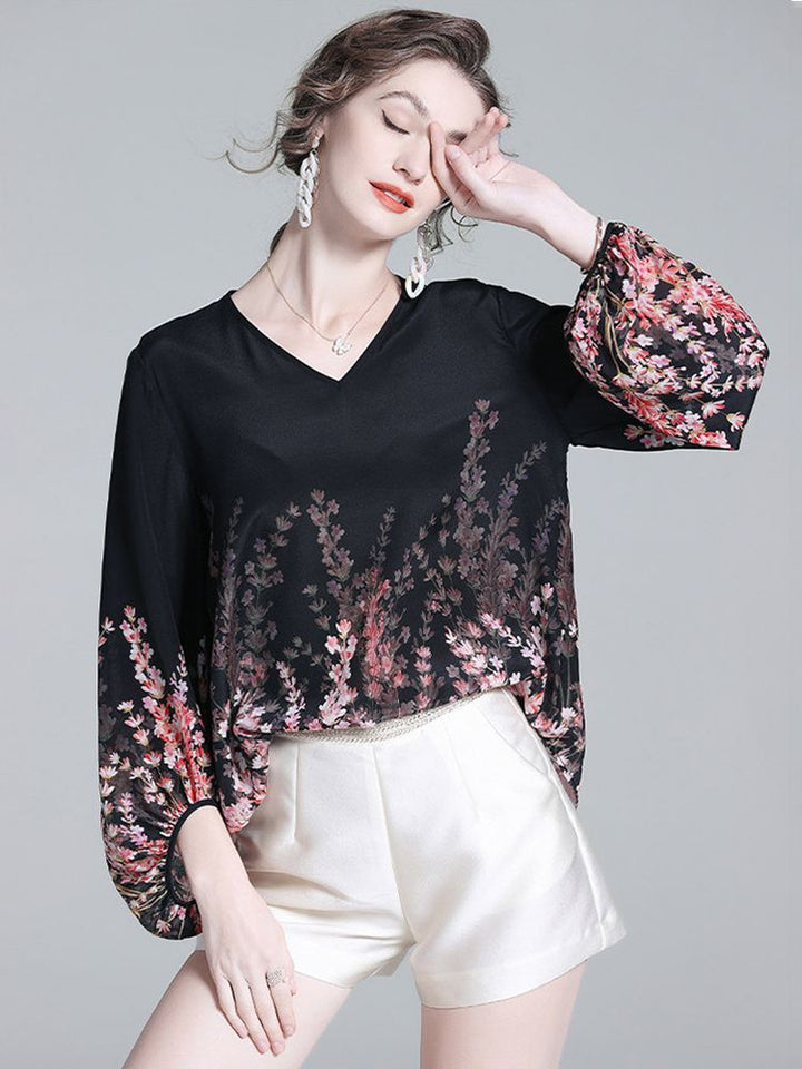 Romantic Floral Placement Print V-Neck Black Silk Blouse with Bell Sleeves