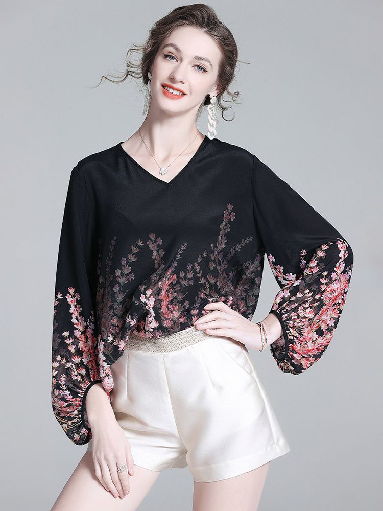 Romantic Floral Placement Print V-Neck Black Silk Blouse with Bell Sleeves