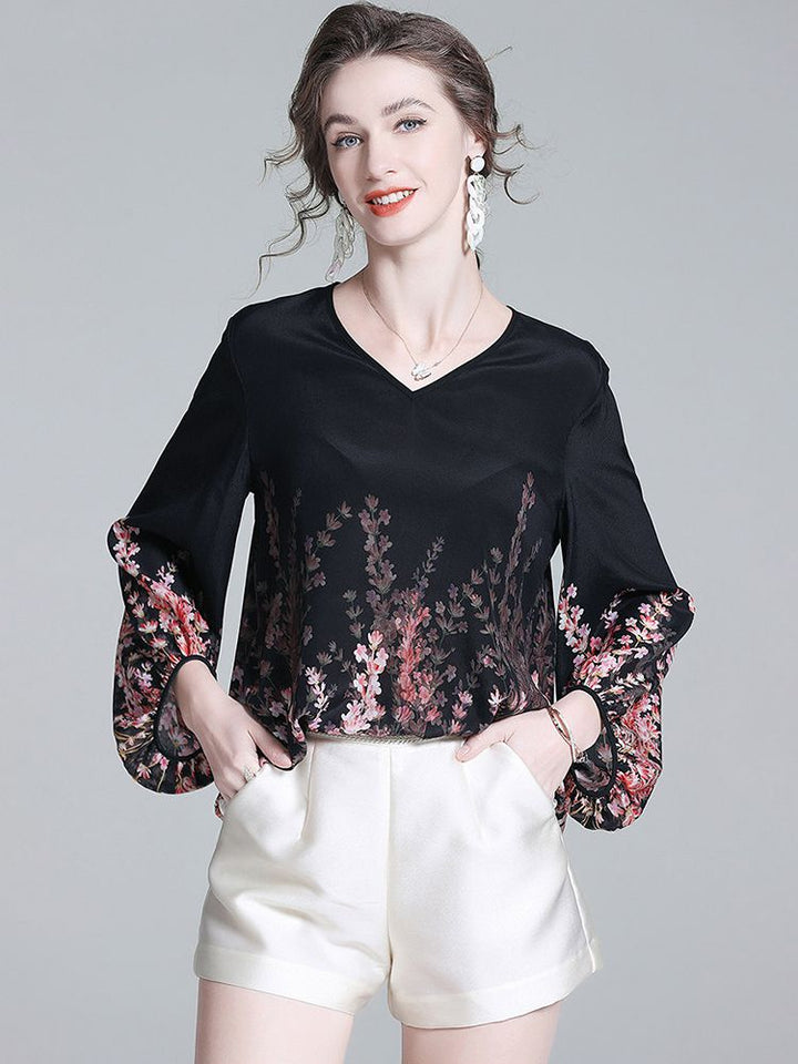 Romantic Floral Placement Print V-Neck Black Silk Blouse with Bell Sleeves