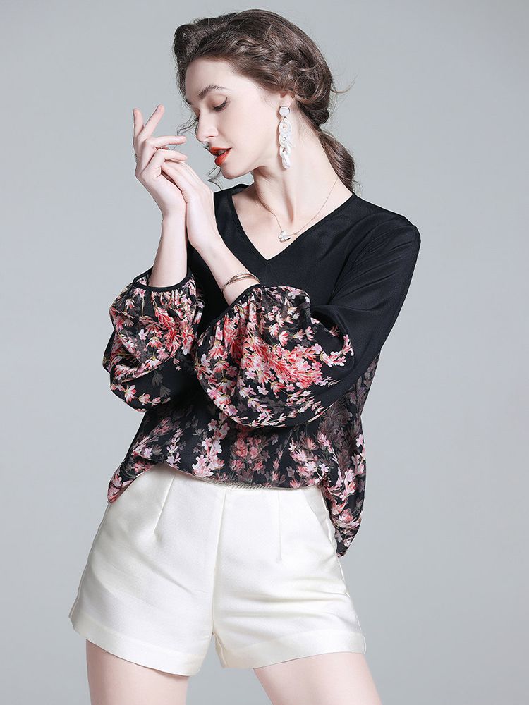 Romantic Floral Placement Print V-Neck Black Silk Blouse with Bell Sleeves