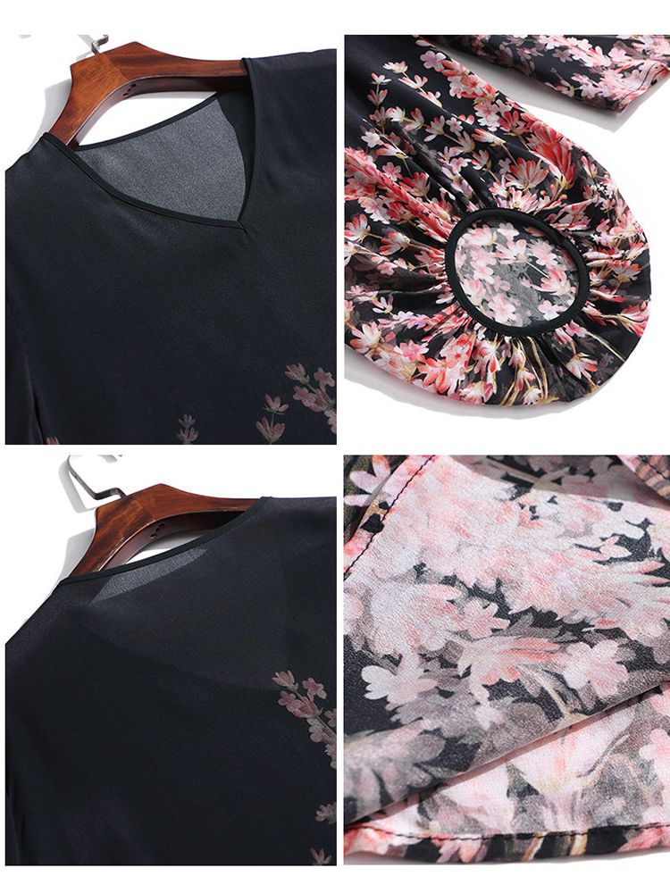 Romantic Floral Placement Print V-Neck Black Silk Blouse with Bell Sleeves