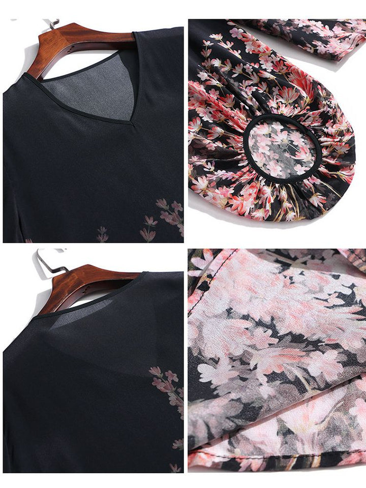 Romantic Floral Placement Print V-Neck Black Silk Blouse with Bell Sleeves