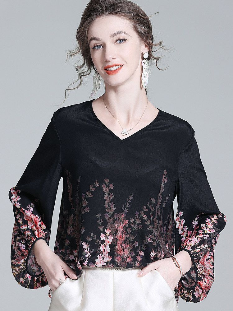 Romantic Floral Placement Print V-Neck Black Silk Blouse with Bell Sleeves