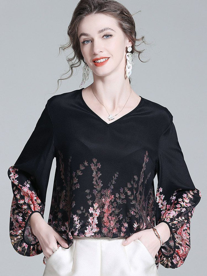 Romantic Floral Placement Print V-Neck Black Silk Blouse with Bell Sleeves