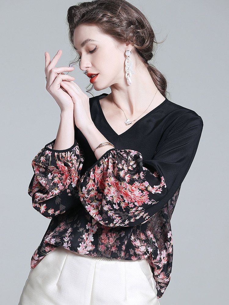 Romantic Floral Placement Print V-Neck Black Silk Blouse with Bell Sleeves
