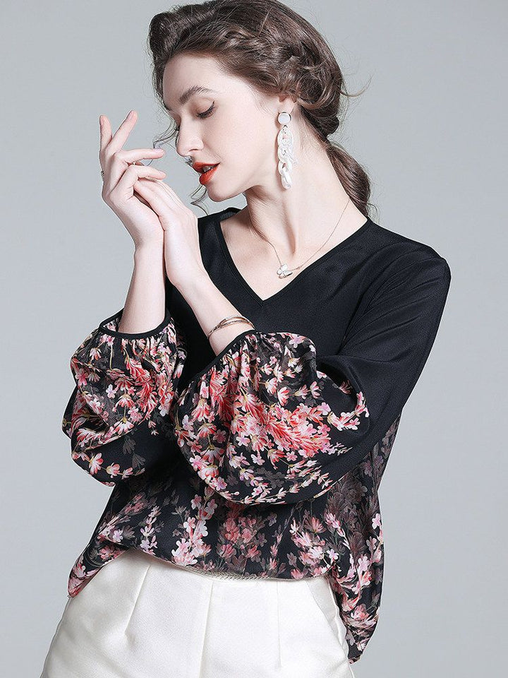 Romantic Floral Placement Print V-Neck Black Silk Blouse with Bell Sleeves