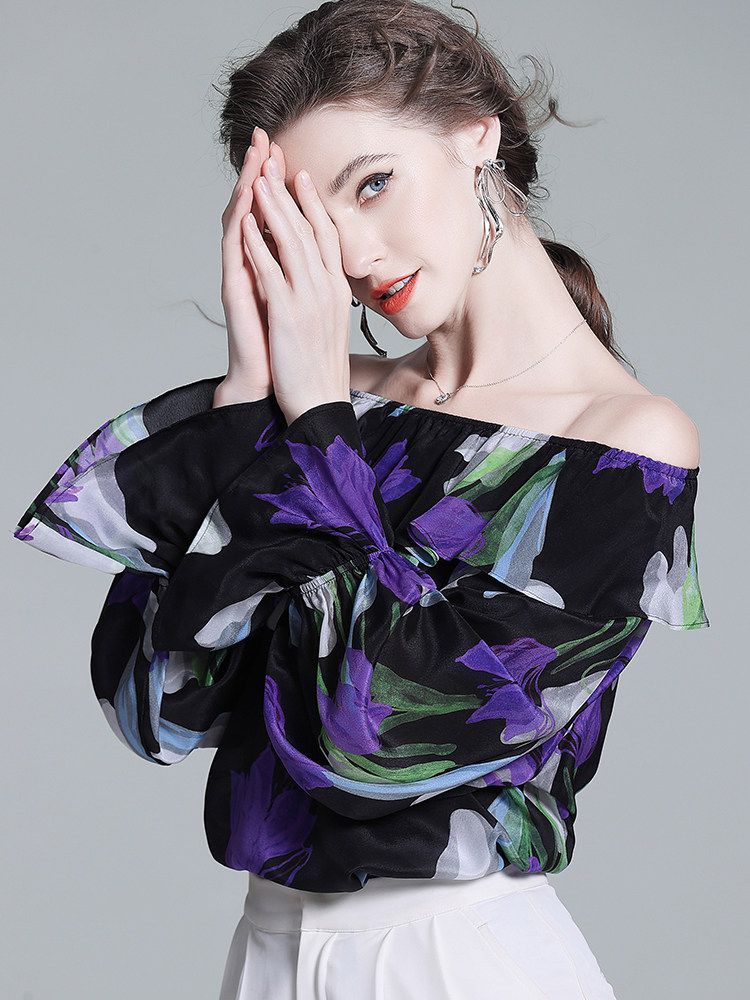 Women’s Black Floral Silk Blouse Off Shoulder Ruffle Neck Long Sleeve Silk Top