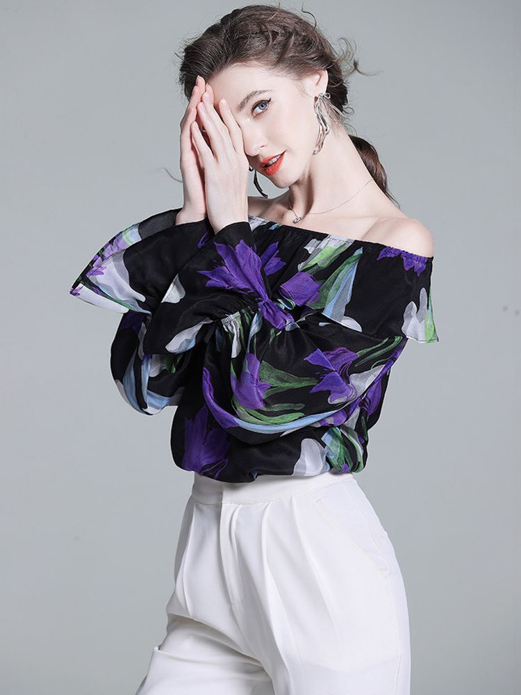 Women’s Black Floral Silk Blouse Off Shoulder Ruffle Neck Long Sleeve Silk Top