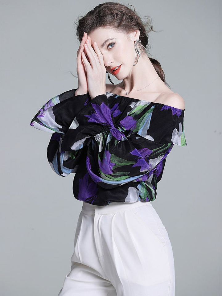 Women’s Black Floral Silk Blouse Off Shoulder Ruffle Neck Long Sleeve Silk Top