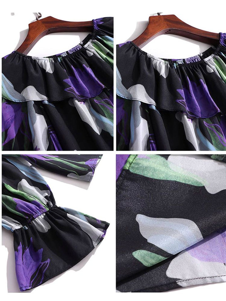 Women’s Black Floral Silk Blouse Off Shoulder Ruffle Neck Long Sleeve Silk Top