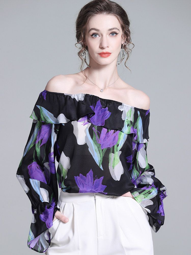Women’s Black Floral Silk Blouse Off Shoulder Ruffle Neck Long Sleeve Silk Top