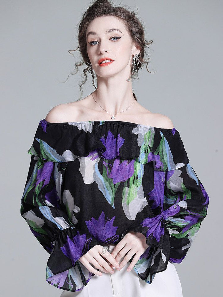 Women’s Black Floral Silk Blouse Off Shoulder Ruffle Neck Long Sleeve Silk Top