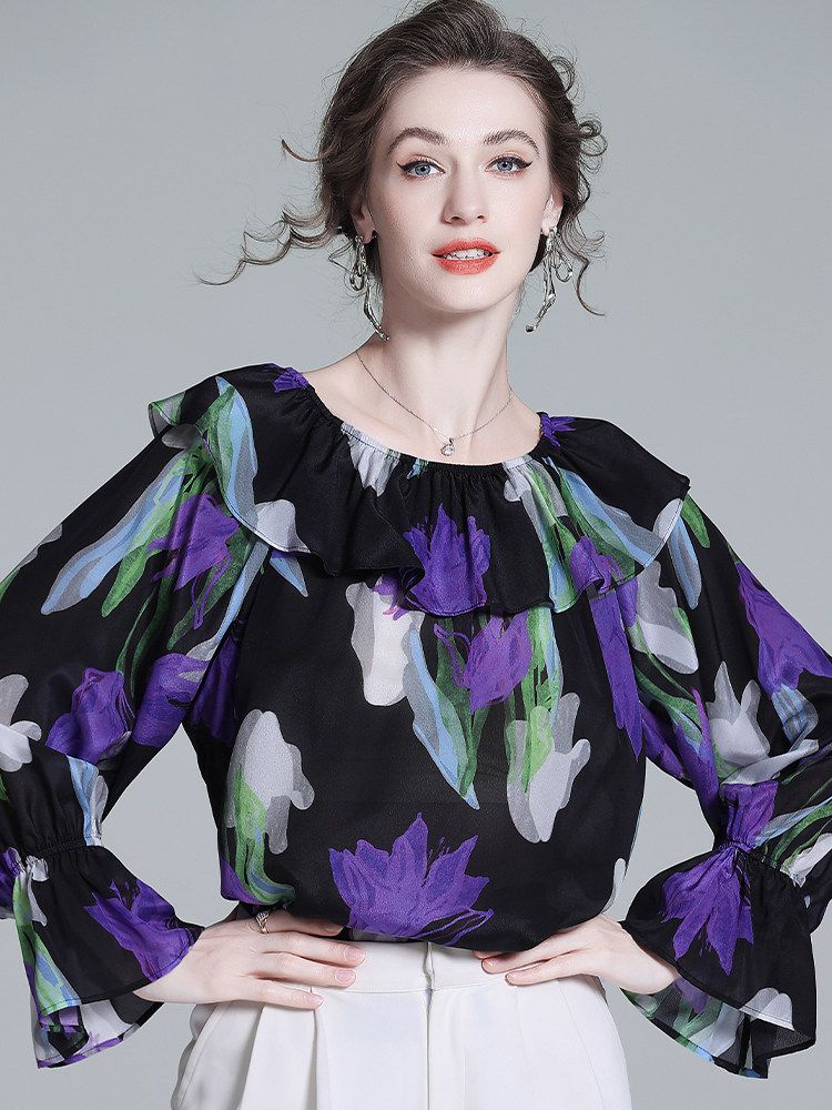 Women’s Black Floral Silk Blouse Off Shoulder Ruffle Neck Long Sleeve Silk Top