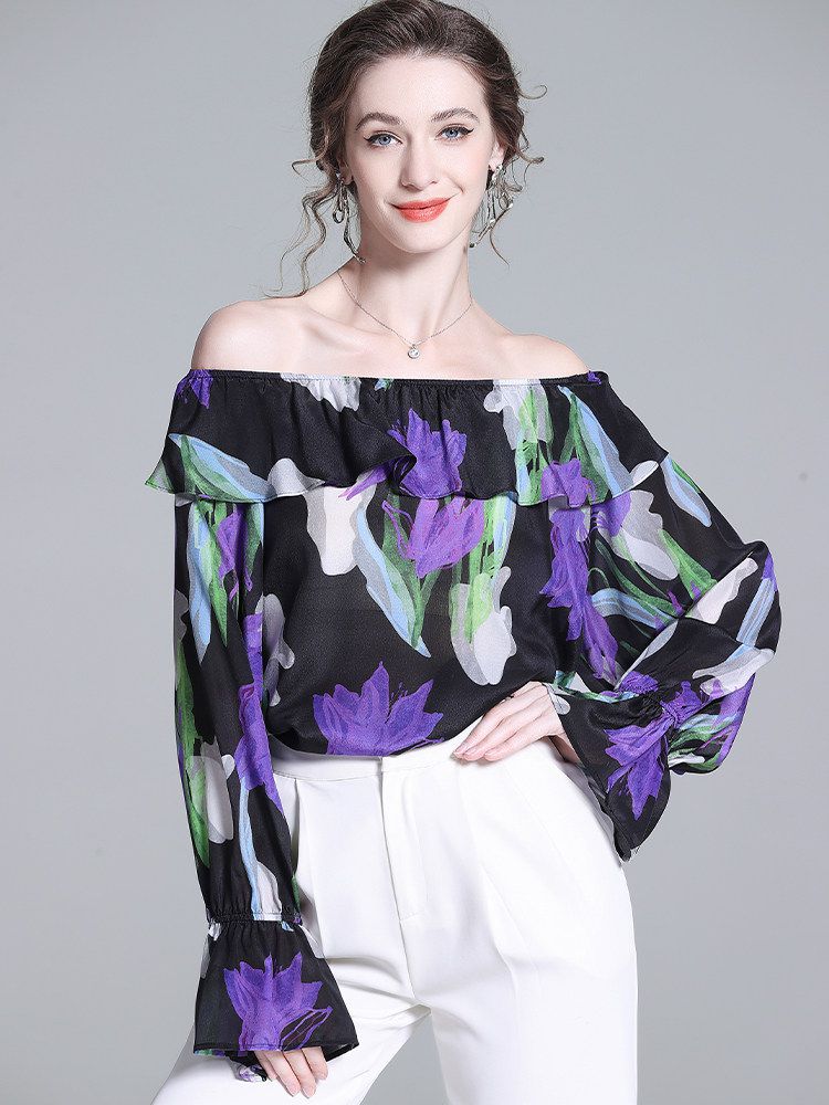 Women’s Black Floral Silk Blouse Off Shoulder Ruffle Neck Long Sleeve Silk Top
