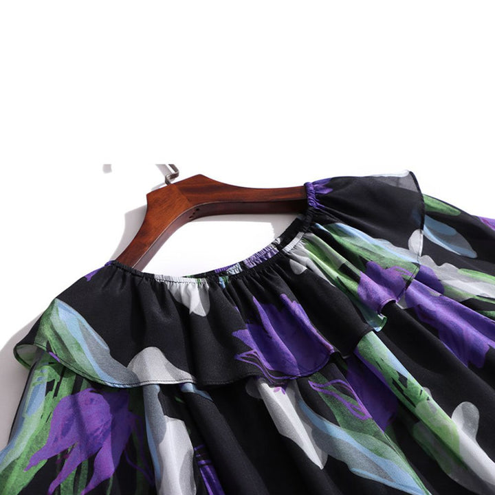 Women’s Black Floral Silk Blouse Off Shoulder Ruffle Neck Long Sleeve Silk Top