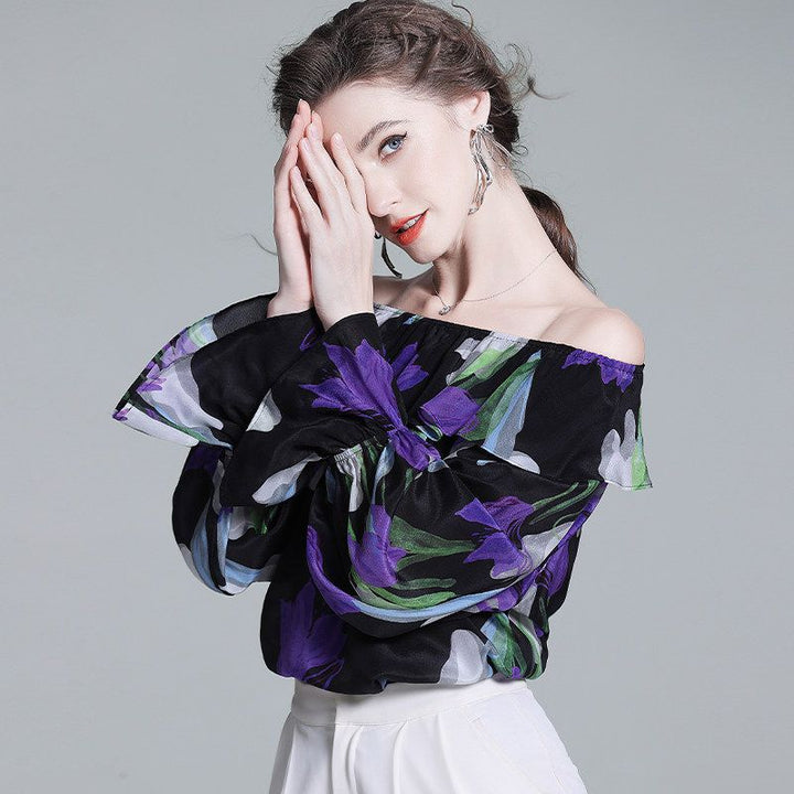 Women’s Black Floral Silk Blouse Off Shoulder Ruffle Neck Long Sleeve Silk Top
