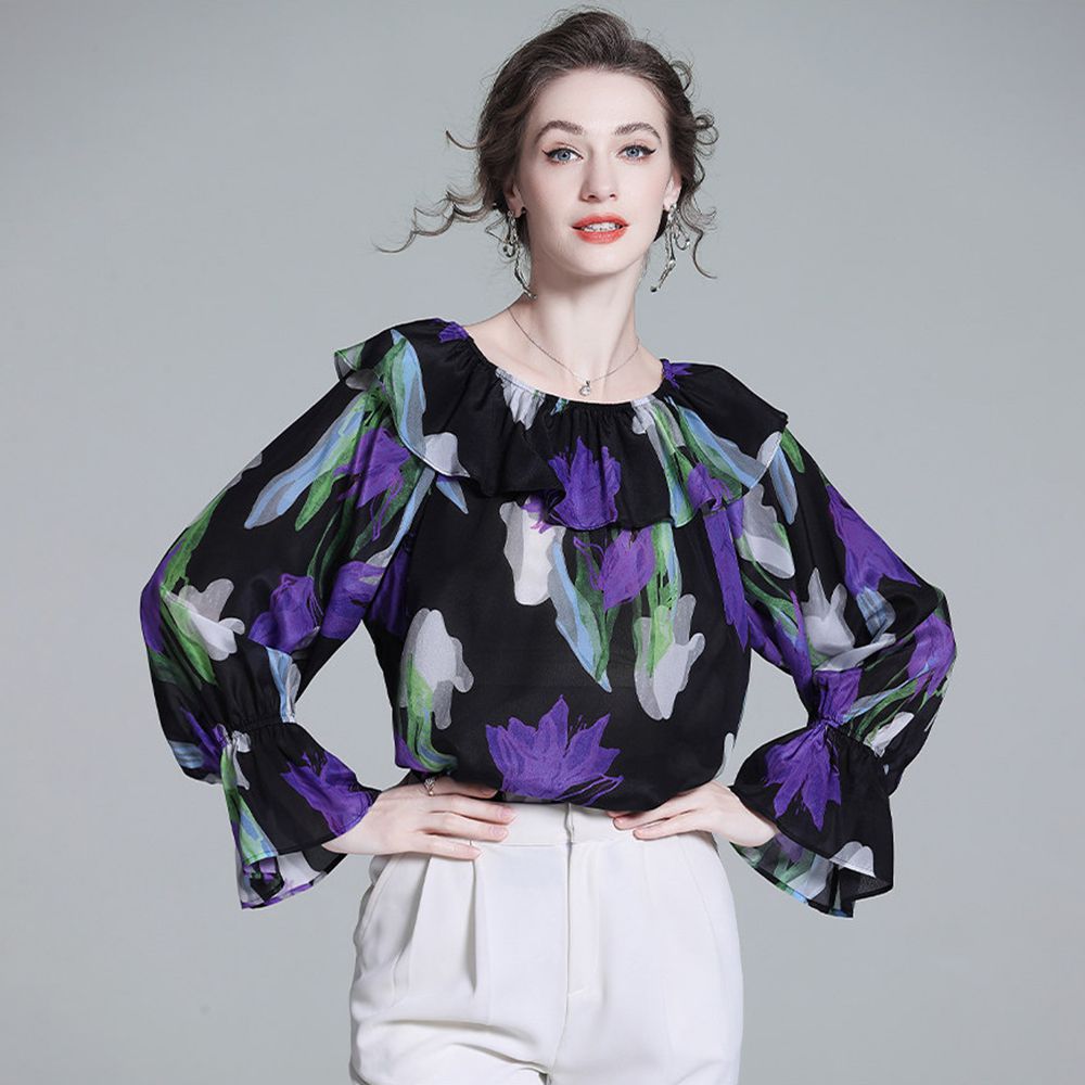 Women’s Black Floral Silk Blouse Off Shoulder Ruffle Neck Long Sleeve Silk Top