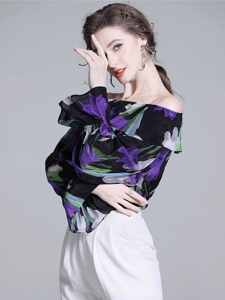 Women’s Black Floral Silk Blouse Off Shoulder Ruffle Neck Long Sleeve Silk Top