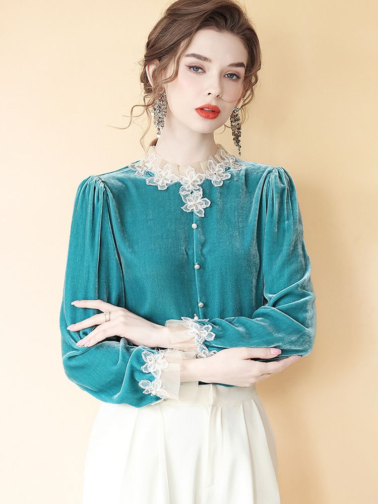 Women’s Turquoise Long Sleeve Silk Velvet Lace Trim Blouse