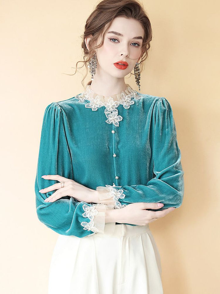 Women’s Turquoise Long Sleeve Silk Velvet Lace Trim Blouse