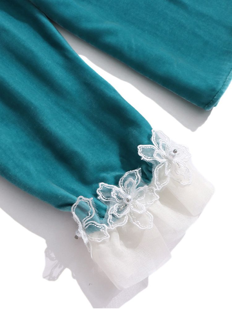 Women’s Turquoise Long Sleeve Silk Velvet Lace Trim Blouse