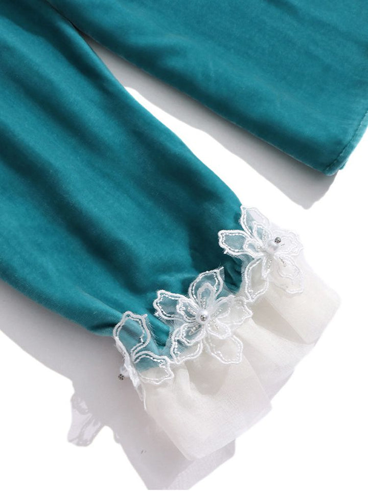 Women’s Turquoise Long Sleeve Silk Velvet Lace Trim Blouse