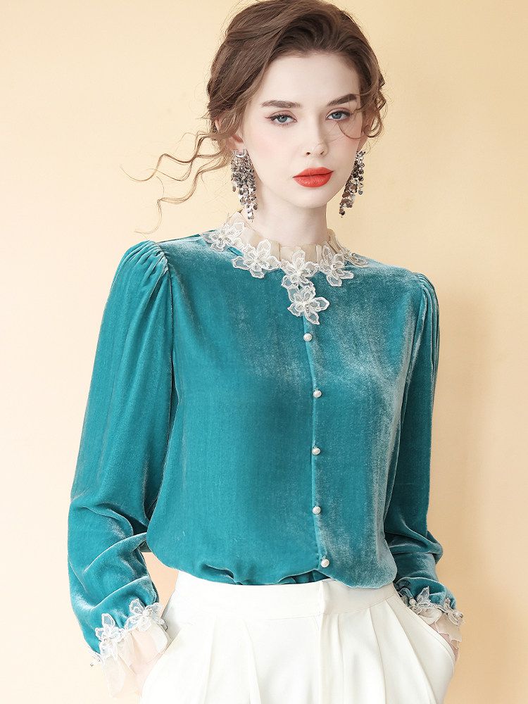 Women’s Turquoise Long Sleeve Silk Velvet Lace Trim Blouse