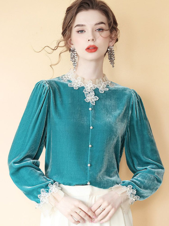 Women’s Turquoise Long Sleeve Silk Velvet Lace Trim Blouse