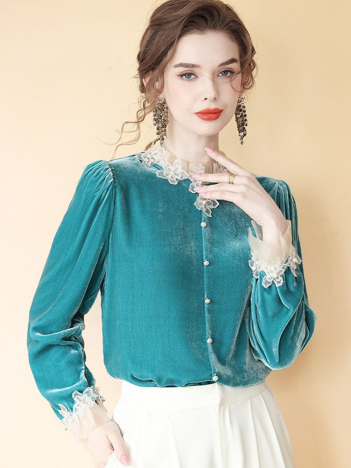Women’s Turquoise Long Sleeve Silk Velvet Lace Trim Blouse