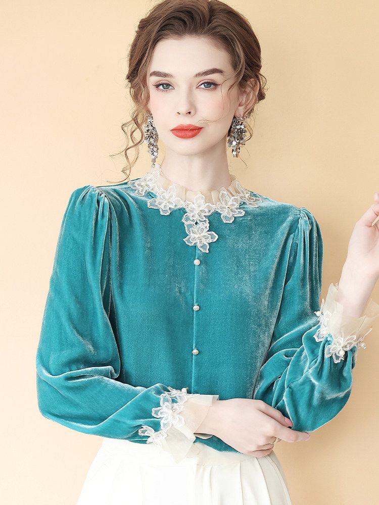Women’s Turquoise Long Sleeve Silk Velvet Lace Trim Blouse