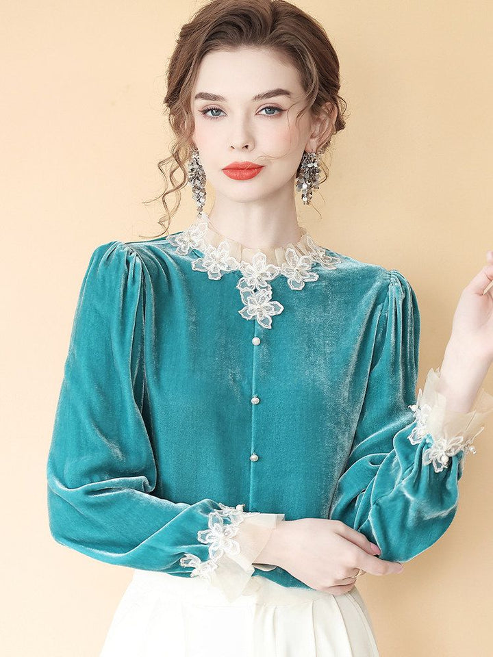 Women’s Turquoise Long Sleeve Silk Velvet Lace Trim Blouse