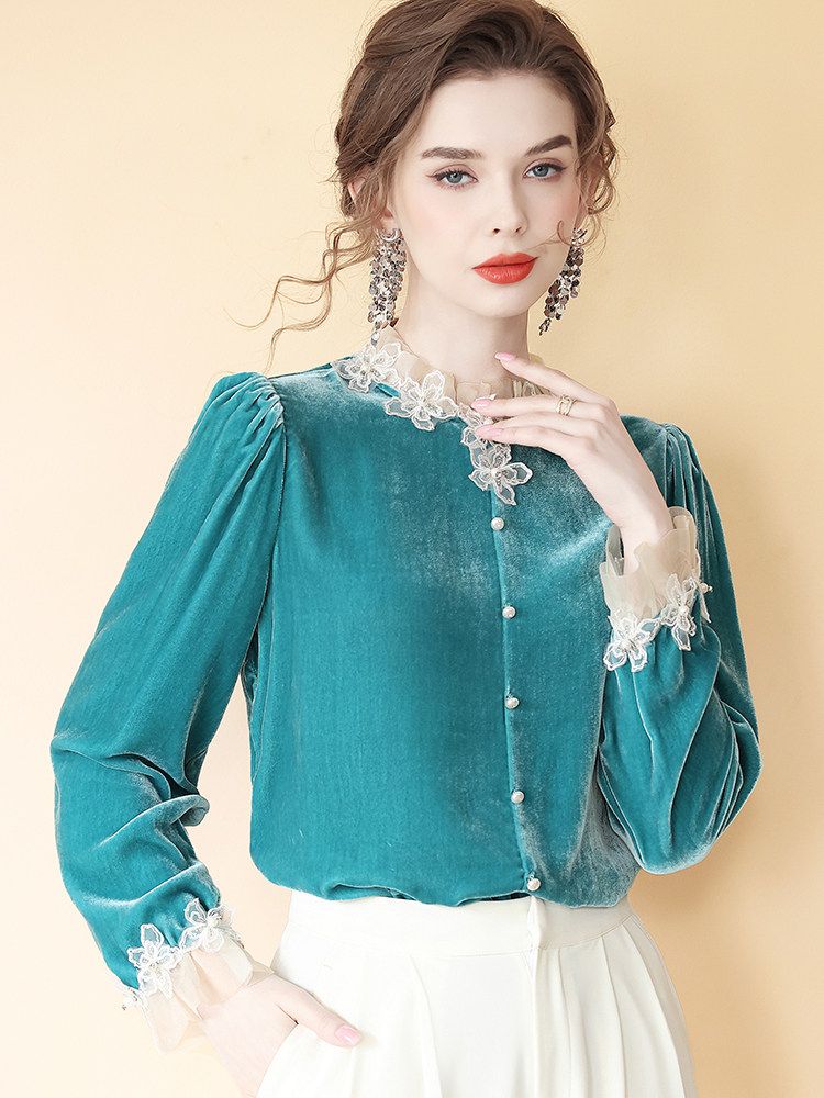 Women’s Turquoise Long Sleeve Silk Velvet Lace Trim Blouse