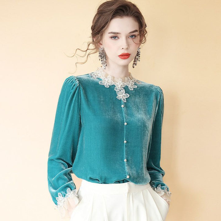 Women’s Turquoise Long Sleeve Silk Velvet Lace Trim Blouse