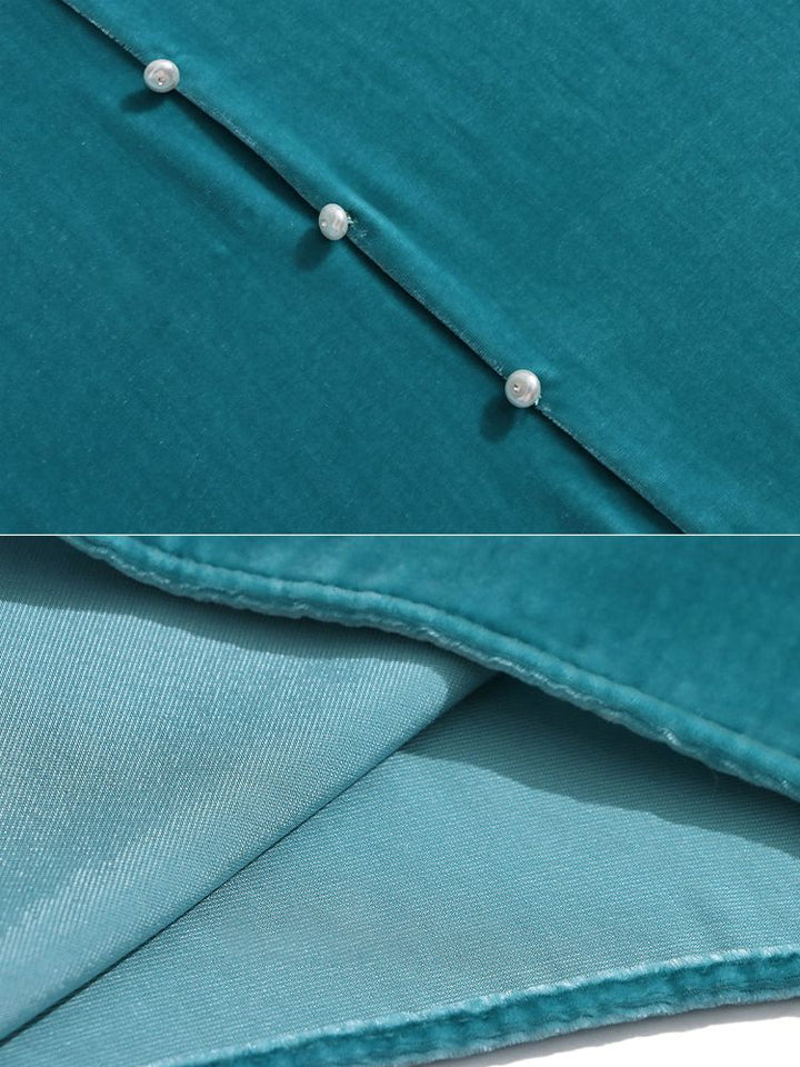 Women’s Turquoise Long Sleeve Silk Velvet Lace Trim Blouse