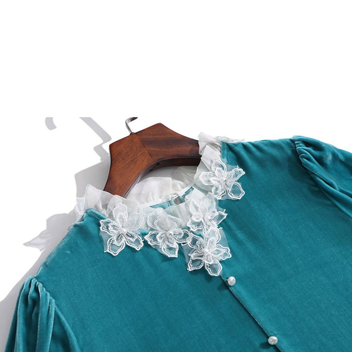 Women’s Turquoise Long Sleeve Silk Velvet Lace Trim Blouse